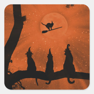 Halloween Black Witchy Cats and Moon Quadratischer Aufkleber