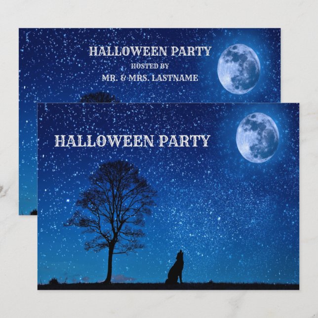 Halloween Black Wolf Tree Navy Blue Full Moon Einladung (Vorne/Hinten)