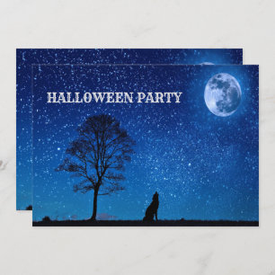 Halloween Black Wolf Tree Navy Blue Full Moon Einladung