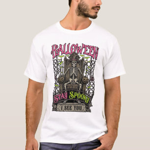Halloween Bleib Gruselig Skelett Thron Hexenhut Pu T-Shirt