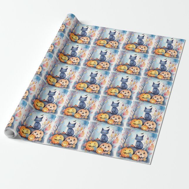 Halloween-Blue Cat mit Pumpkins Beängstigend Geschenkpapier (Ungerollt)