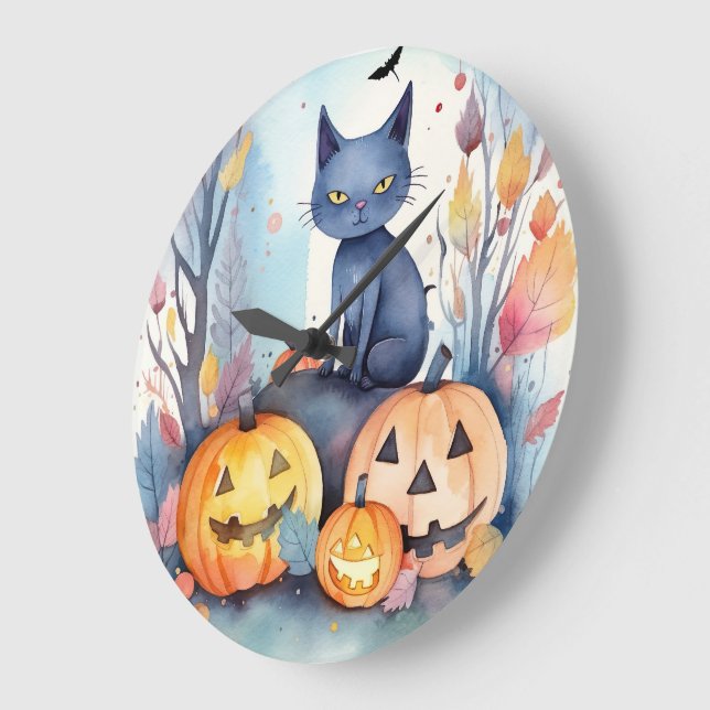 Halloween-Blue Cat mit Pumpkins Beängstigend Große Wanduhr (Winkel)
