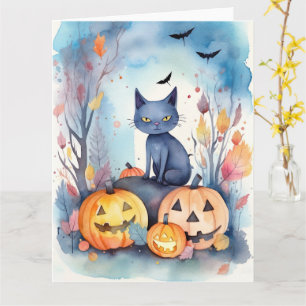 Halloween-Blue Cat mit Pumpkins Beängstigend Karte