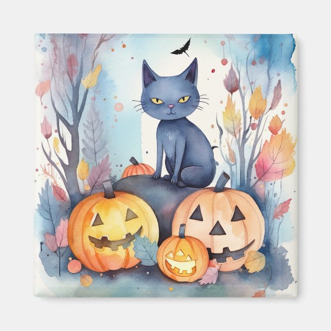 Halloween-Blue Cat mit Pumpkins Beängstigend Magnet (Vorne)