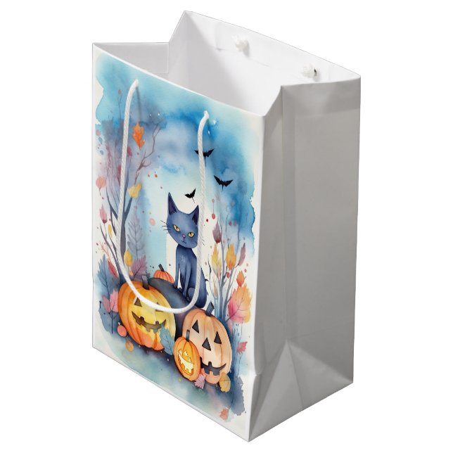 Halloween-Blue Cat mit Pumpkins Beängstigend Mittlere Geschenktüte (Vorderseite Schrägansicht)