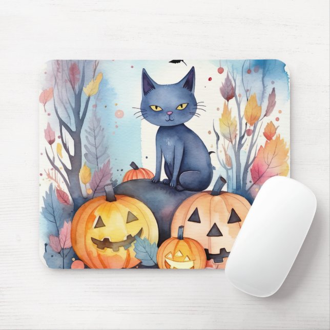 Halloween-Blue Cat mit Pumpkins Beängstigend Mousepad (Mit Mouse)