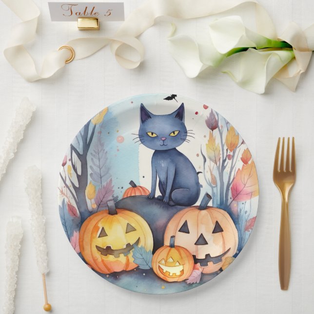 Halloween-Blue Cat mit Pumpkins Beängstigend Pappteller (Hochzeit)