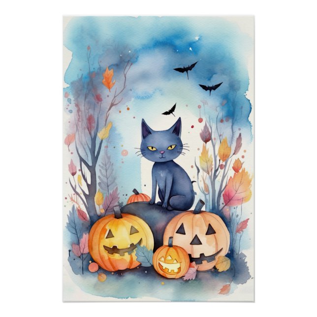 Halloween-Blue Cat mit Pumpkins Beängstigend Poster (Vorderseite)