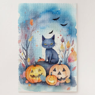 Halloween-Blue Cat mit Pumpkins Beängstigend Puzzle