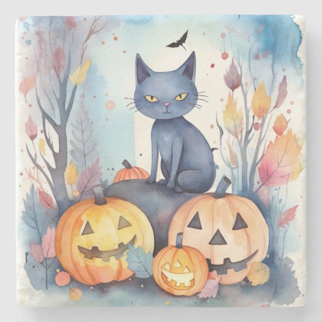 Halloween-Blue Cat mit Pumpkins Beängstigend Steinuntersetzer (Vorderseite)