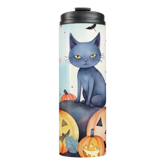 Halloween-Blue Cat mit Pumpkins Beängstigend Thermosbecher (Vorderseite)