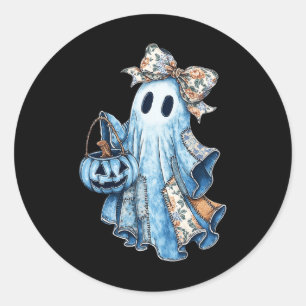 Halloween Blue Denim Boo Ghost Floral Coquette Fal Runder Aufkleber