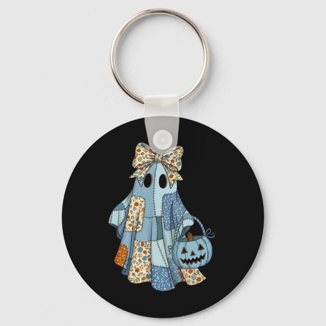 Halloween Blue Denim Ghost Trendy Denim Patchwork Schlüsselanhänger (Vorderseite)