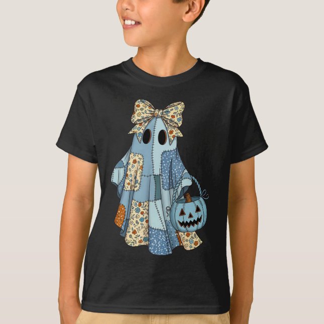 Halloween Blue Denim Ghost Trendy Denim Patchwork T-Shirt (Vorderseite)