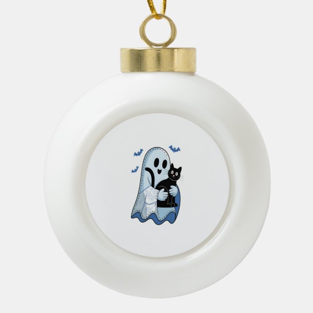 Halloween Blue Denim Ghost und Cat Keramik Kugel-Ornament (Vorderseite)