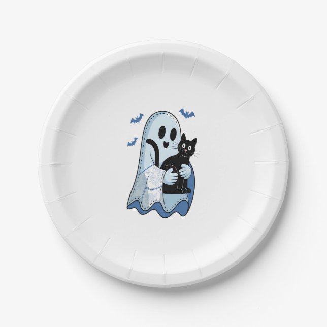 Halloween Blue Denim Ghost und Cat Pappteller (Vorderseite)