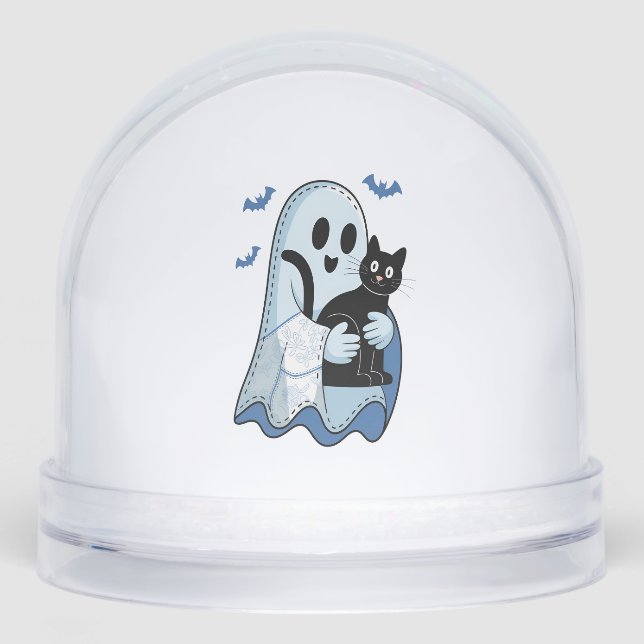 Halloween Blue Denim Ghost und Cat Schneekugeln (Vorderseite)