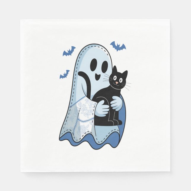 Halloween Blue Denim Ghost und Cat Serviette (Vorderseite)
