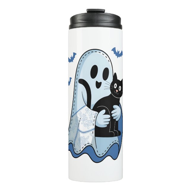 Halloween Blue Denim Ghost und Cat Thermosbecher (Vorderseite)