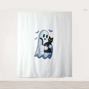 Halloween Blue Denim Ghost und Cat Wandteppich