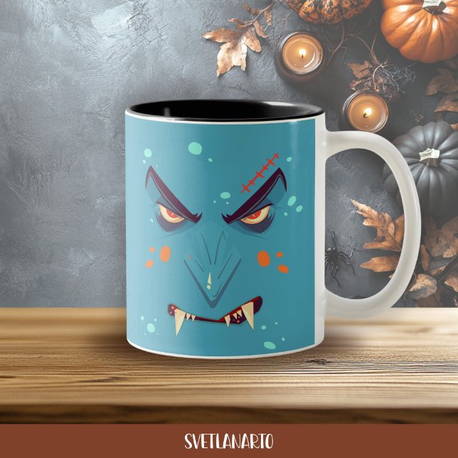 Halloween Blue Grumpy Vampire Coffee Mug Zweifarbige Tasse (Frontal view
)