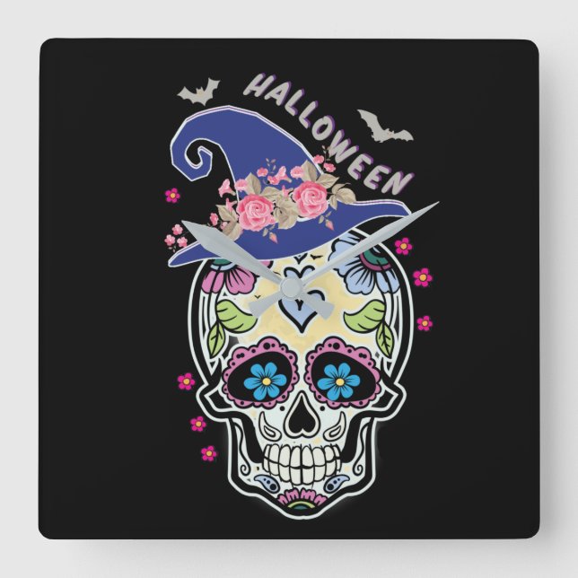 Halloween Blume Skull Quadratische Wanduhr (Vorderseite)