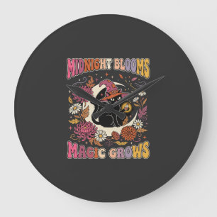 Halloween-Blumen-Hexe-Katze-Magie Große Wanduhr