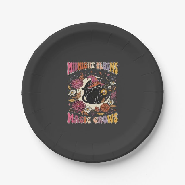 Halloween-Blumen-Hexe-Katze-Magie Pappteller (Vorderseite)