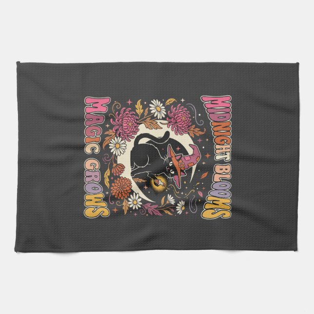Halloween-Blumen-Hexen-Katz-Zauber Geschirrtuch (Horizontal)