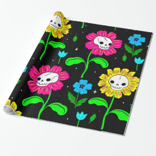 Halloween-Blumen-Schädel-Blumen schwarz Geschenkpapier