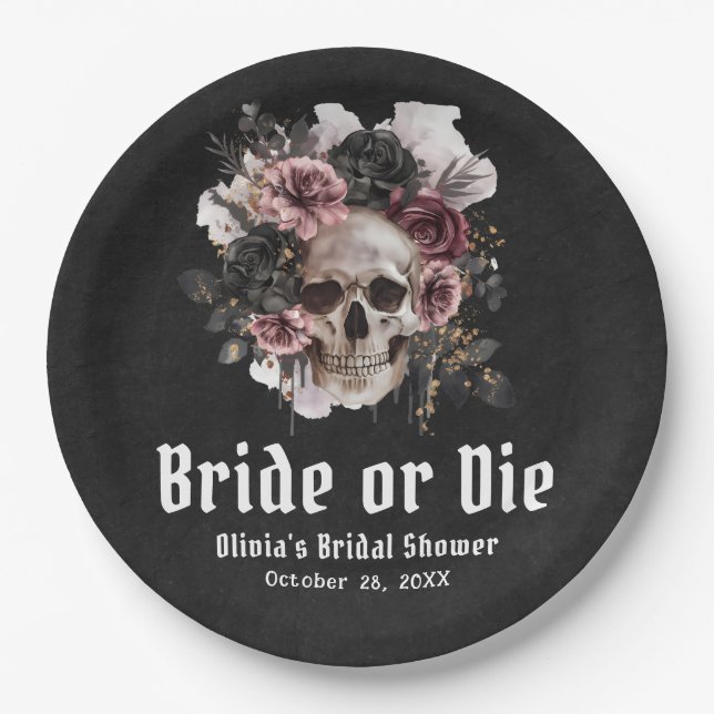 Halloween-Blumen-Schädel-Braut oder stirb Brautpar Pappteller (Vorderseite)