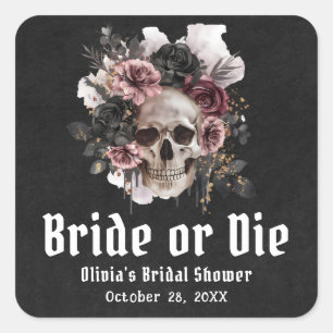 Halloween-Blumen-Schädel-Braut oder stirb Brautpar Quadratischer Aufkleber