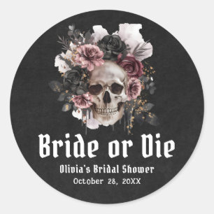 Halloween-Blumen-Schädel-Braut oder Stirb-Junggese Runder Aufkleber