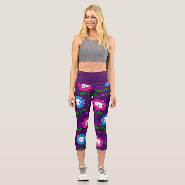 halloween blumenschädel Blume lila Capri Leggings (Vorderseite)