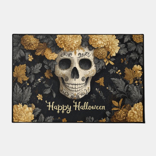 Halloween Bone White Skull with Golden Marigolds Fußmatte (Vorderseite)