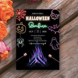 Halloween Bonfire Neon Spooky Night Costume Party Einladung