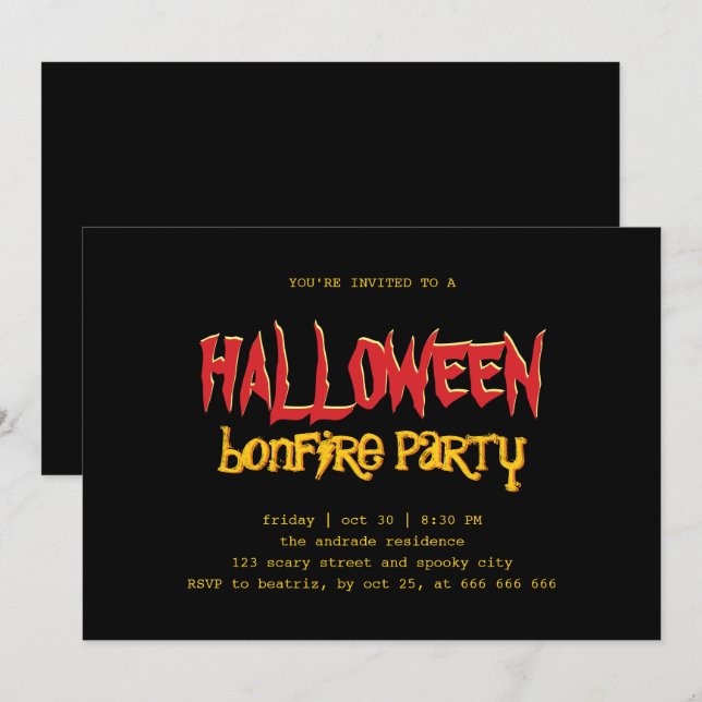 Halloween Bonfire Party Tee Outdoorschwarz Gelb Einladung (Vorne/Hinten)