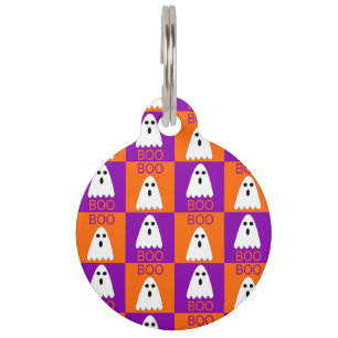 Halloween Boo Geist lila und orange Quadrate Haustiermarke