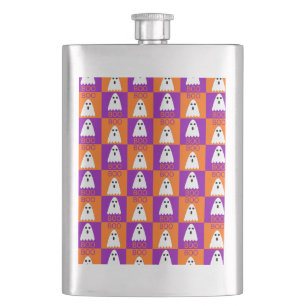 Halloween Boo Ghost Lila und Orange Squares Flachmann