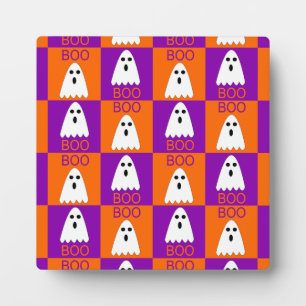 Halloween Boo Ghost Lila und Orange Squares Fotoplatte