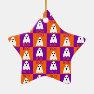 Halloween Boo Ghost Lila und Orange Squares Keramik Ornament