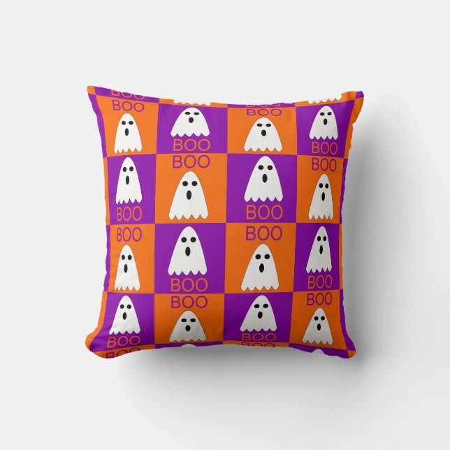 Halloween Boo Ghost Lila und Orange Squares Kissen (Vorderseite)