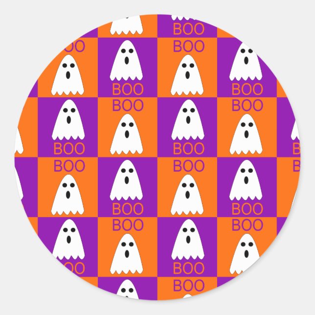 Halloween Boo Ghost Lila und Orange Squares Runder Aufkleber (Vorderseite)