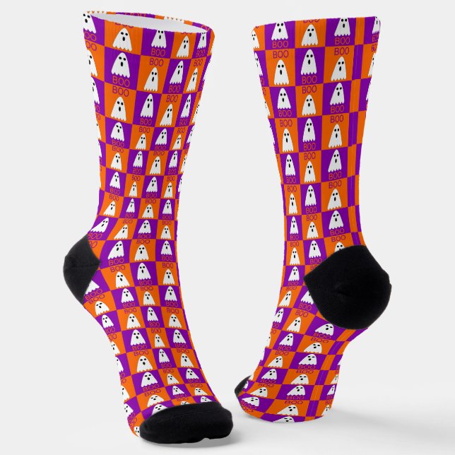 Halloween Boo Ghost Lila und Orange Squares Socken (Gewinkelt)