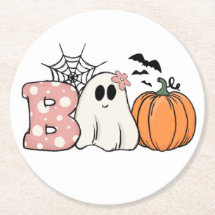 Halloween Boo Ghost Pumpkin Bats Cobweb Runder Pappuntersetzer