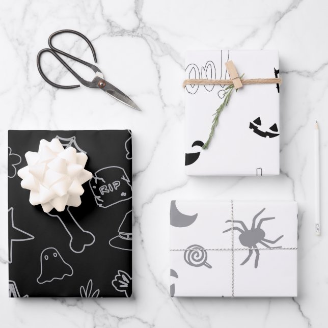 Halloween Boo! Schwarz-Weiß Geschenkpapier Set (Vorderseite)