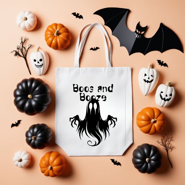 Halloween Boos and Booze Black Ghost Tote Bag Tragetasche (Von Creator hochgeladen)