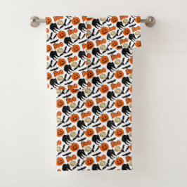 Halloween Bootboote Katzenkürbis und Mond Zeichnen Badhandtuch Set