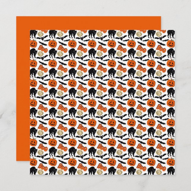 Halloween Bootboote Katzenkürbis und Mond Zeichnen Karte (Vorne/Hinten)