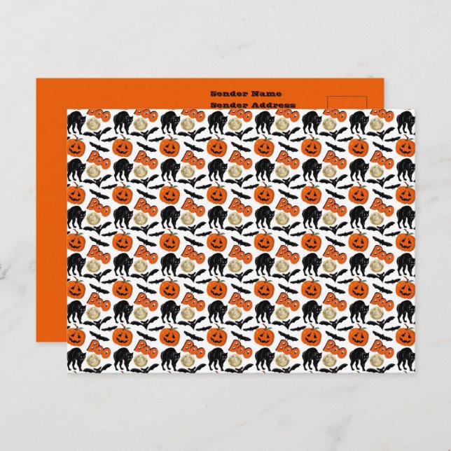 Halloween Bootboote Katzenkürbis und Mond Zeichnen Postkarte (Vorne/Hinten)